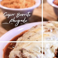 Burrito Ahogado en chile rojo con trocitos de carne de puerco, gratinado en queso mozarella